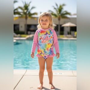 Girls Rash Guard Swim Set 7–8Y Pink Tie Dye Two Piece Swimsuit